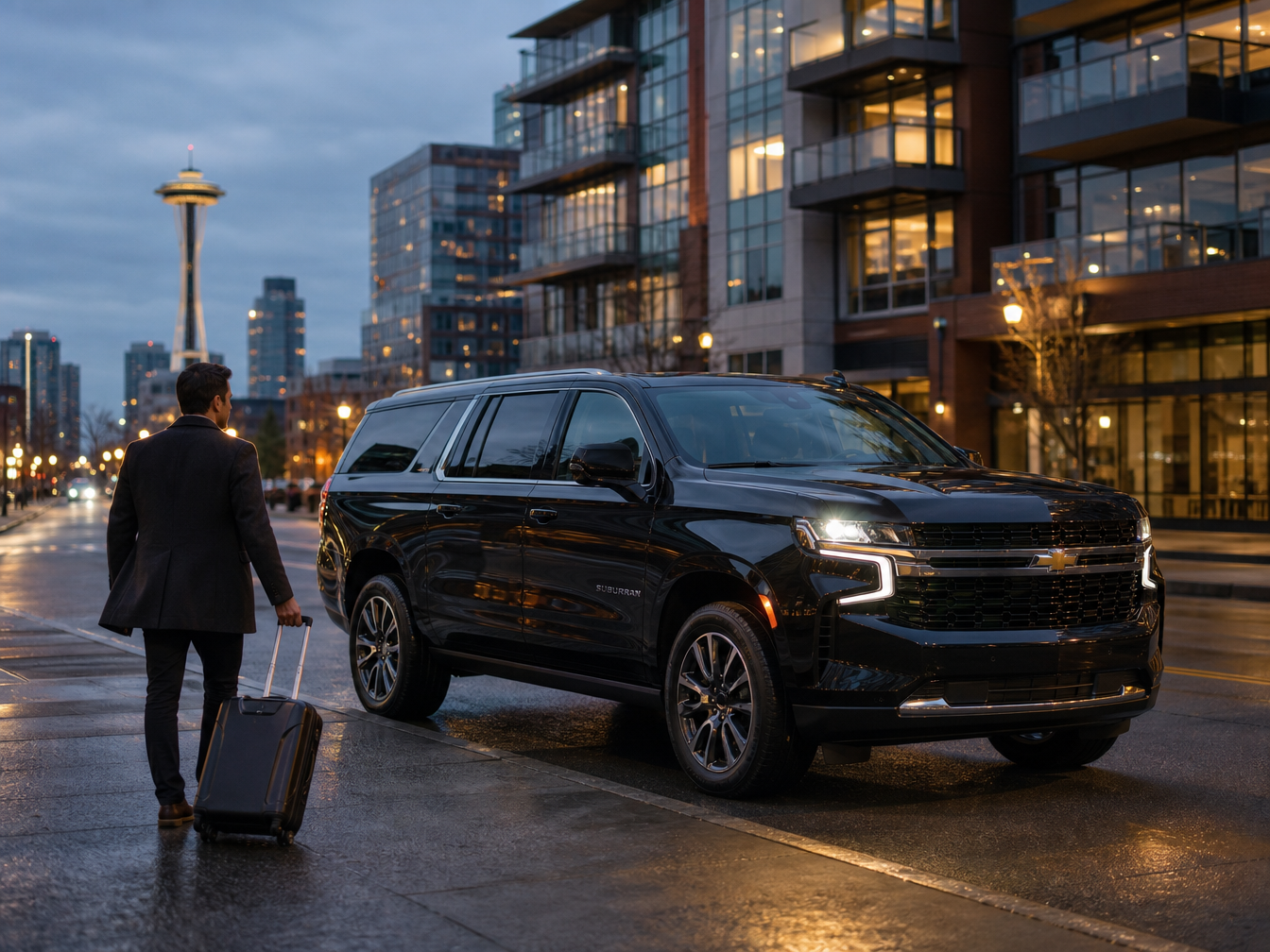 Downtown Seattle and Belltown airport car service — Lal Limo black SUV hotel pickup SeaTac transfer